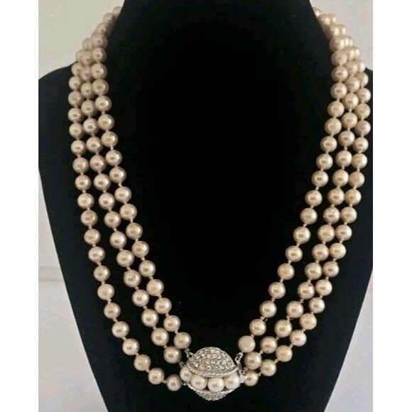 Vintage Marbella 3-Strand Glass Faux Pearl Necklace with Clear Rhinestone Clasp - Picture 2 of 12